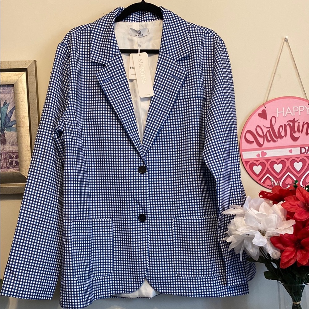 NWT Maroth’s Women's Lined Blue Checkered Blazer Sz 2XL